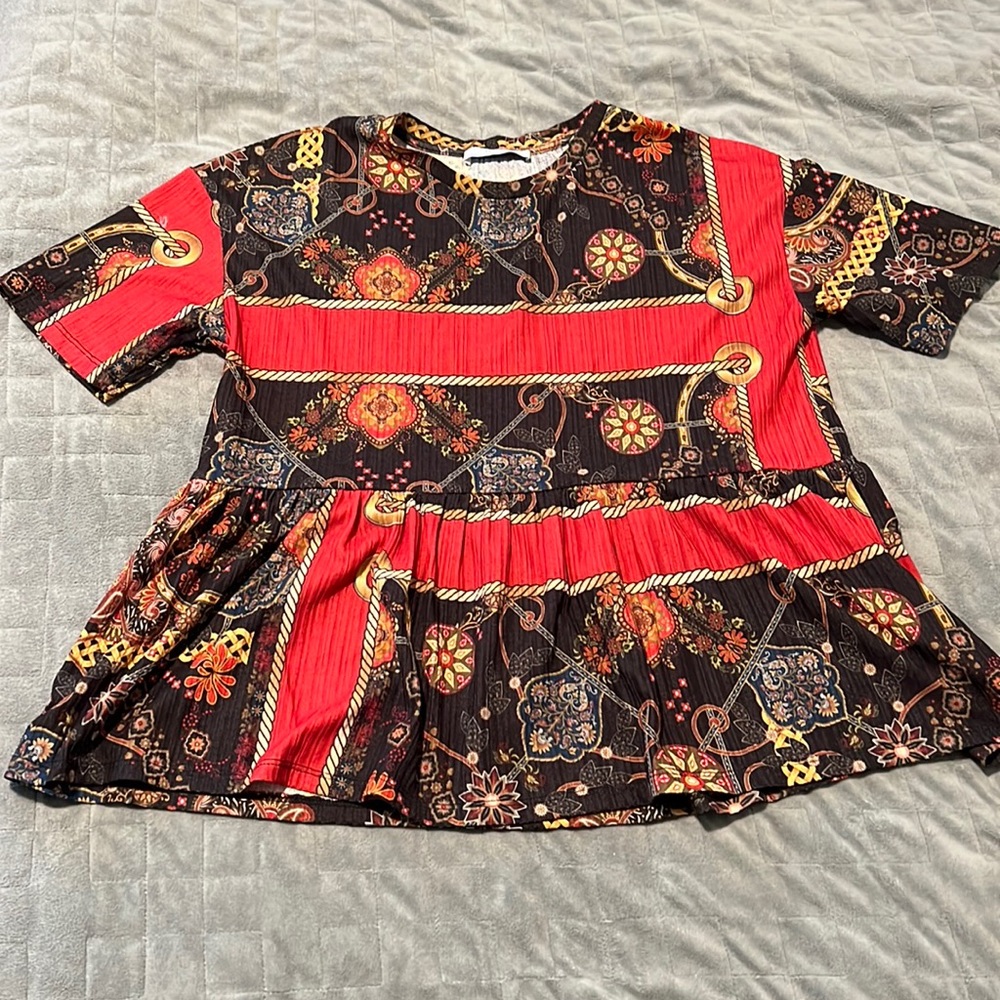 Zara Babydoll Top, Eclectic Pattern, Paisley, Red, Black, Short-Sleeve, Size S